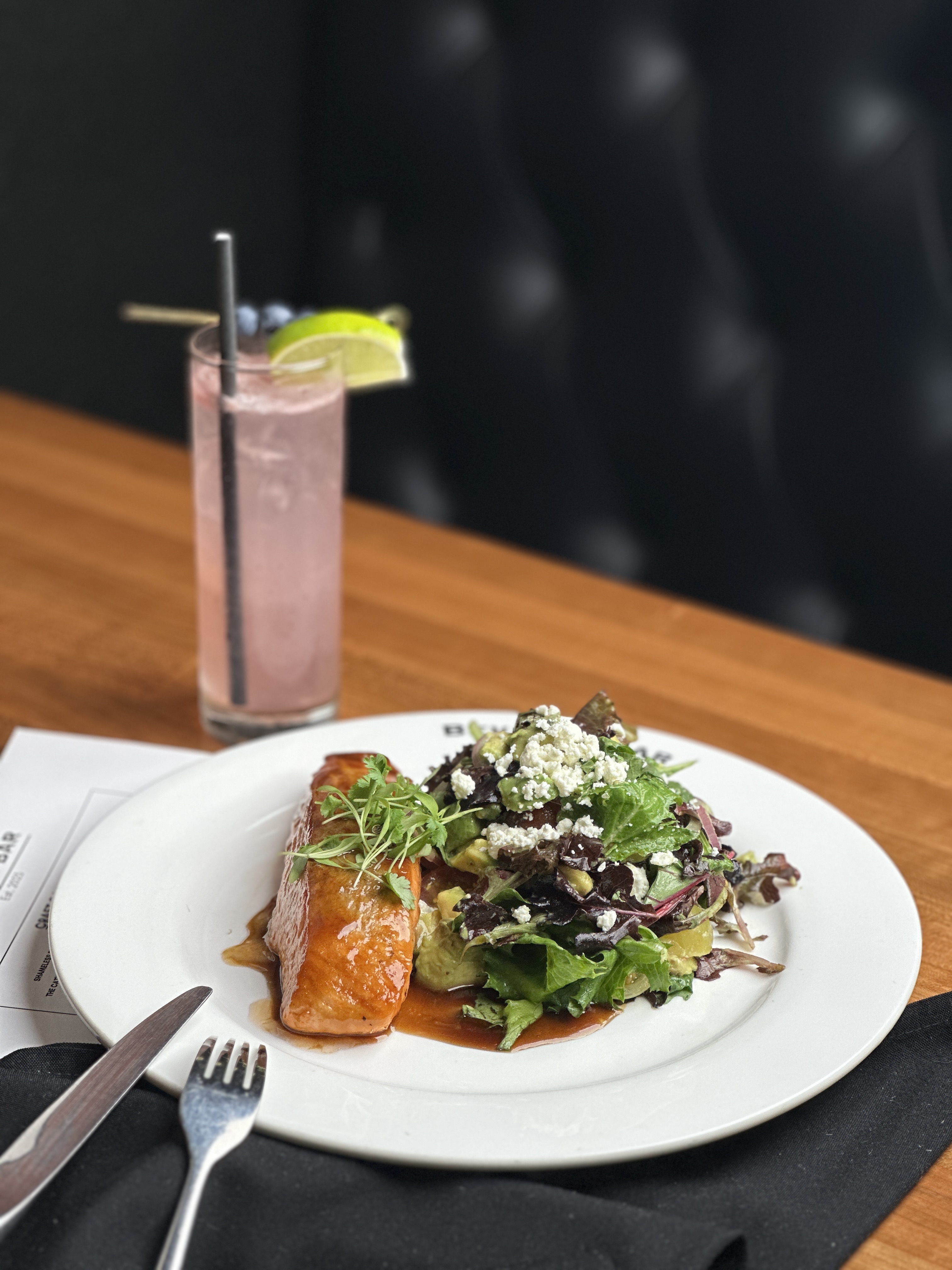 Glazed salmon with seasonal greens &mdash; a Beverly Bar entrée